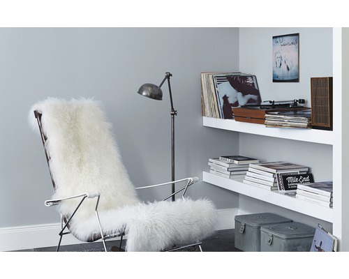 Salon avec fauteuil, peau de mouton, lampadaire et étagère murale