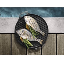 Zwei gegrillte Doraden auf einer runden Grillplatte mit Kräutern und Zitronenscheiben