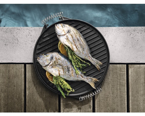Zwei gegrillte Doraden auf einer runden Grillplatte mit Kräutern und Zitronenscheiben