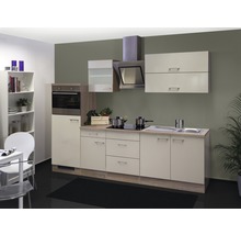 Cuisine linéaire avec évier, cuisinière, hotte aspirante et éléments hauts dans un design de cuisine moderne.