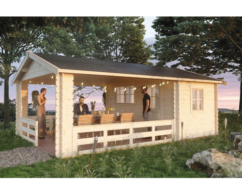 Abri avec terrasse SKAN HOLZ Alicante avec plancher 420 x 653 cm naturel Maison de jardin en bois avec terrasse couverte et éclairage dans le jardin