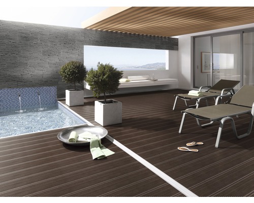 Terrasse avec piscine, deux chaises longues et plantes en pot