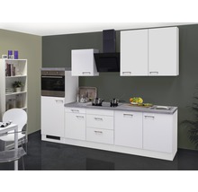 Cuisine équipée avec évier, plaque de cuisson, hotte aspirante et four encastrable dans une cuisine claire et organisée.