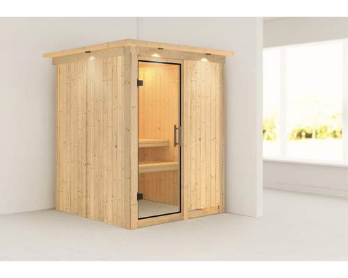 Sauna modulaire Karibu Norina sans poêle avec couronne et portes entièrement vitrées transparentes