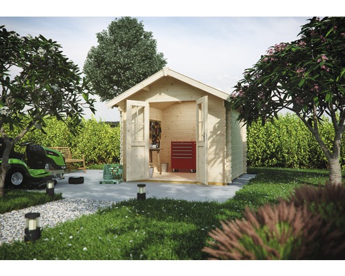 Chalet de jardin en madriers SKAN HOLZ Palma avec plancher 280 x 305 cm naturel Abri de jardin en bois avec portes ouvertes et tondeuse à gazon dans le jardin
