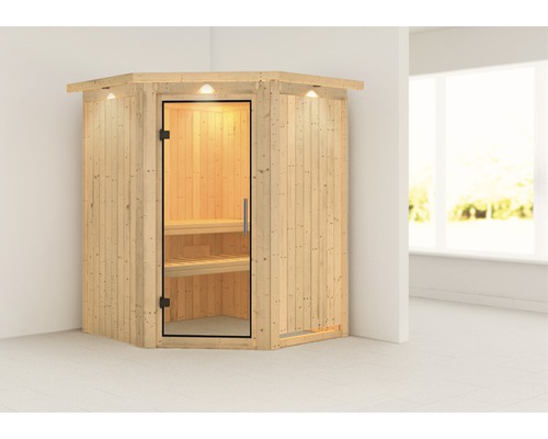 Sauna modulaire Karibu Larina sans poêle avec couronne et portes entièrement vitrées transparentes