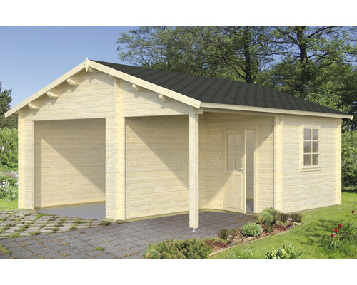 Garage simple Palmako Roger 21,9+5,2 m² sans portail 564 x 598 cm naturel Garage en bois avec deux places de parking, porte latérale et fenêtre