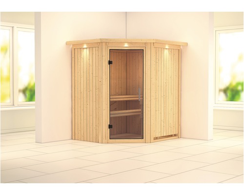 Sauna modulaire Karibu Maurin sans poêle avec couronne et portes entièrement vitrées transparentes
