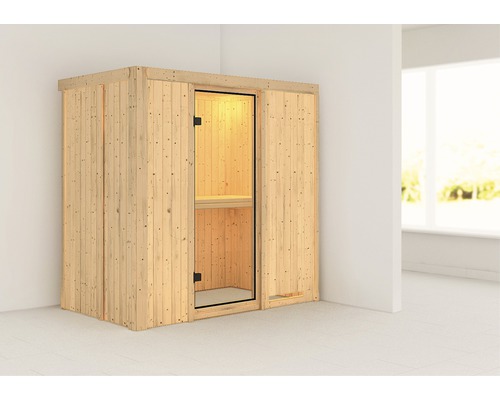 Sauna modulaire Karibu Mariado sans poêle sans couronne avec portes entièrement vitrées transparentes