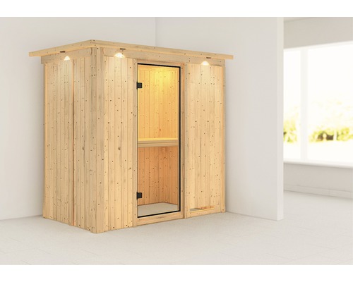 Sauna modulaire Karibu Mariado sans poêle avec couronne et portes entièrement vitrées transparentes