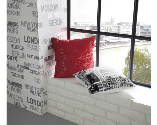 Intérieur décoratif avec un coussin rouge et un coussin noir et blanc sur un rebord de fenêtre devant un mur imprimé avec des noms de villes