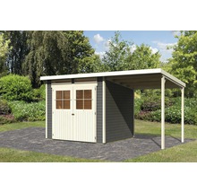 Abri de jardin avec annexe couverte sur surface pavée