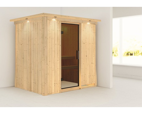Sauna modulaire Karibu Bodina sans poêle avec couronne et portes entièrement vitrées coloris graphite