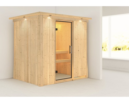 Sauna modulaire Karibu Bodina sans poêle avec couronne et portes entièrement vitrées transparentes