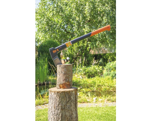 Logo For.q. Une hache est enfoncée dans un morceau de bois dans le jardin.