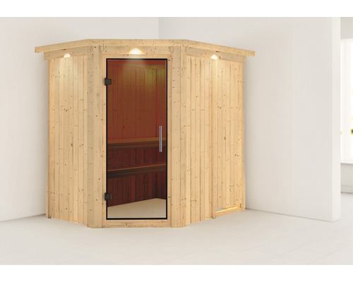 Sauna modulaire Karibu Carina sans poêle avec couronne et portes entièrement vitrées coloris graphite