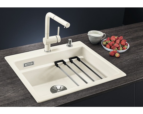 Évier de cuisine avec robinet, égouttoir et distributeur de savon sur un comptoir de cuisine avec des fraises et un pot de lait