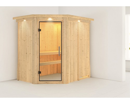 Sauna modulaire Karibu Carina sans poêle avec couronne et portes entièrement vitrées transparentes