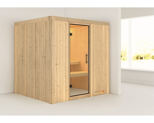 Sauna modulaire Karibu Sodina sans poêle ni couronne, avec porte entièrement vitrée en verre transparent