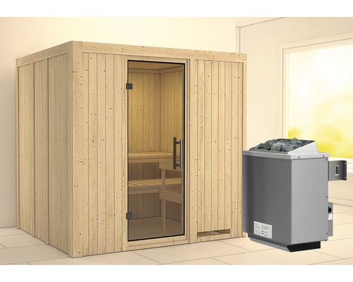 Sauna modulaire Karibu Sodina avec poêle 9 KW et commande intégrée, sans couronne, avec porte entièrement vitrée en verre transparent