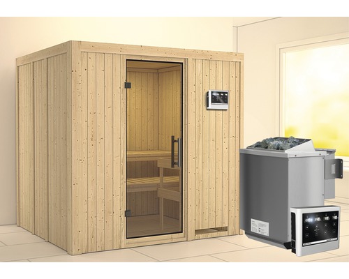 Sauna modulaire Karibu Sodina avec poêle Bio 9 KW et commande externe, sans couronne, avec porte entièrement vitrée en verre transparent