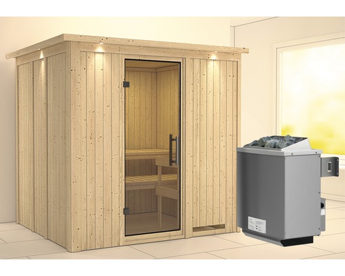 Sauna modulaire Karibu Sodina avec poêle 9 KW et commande intégrée, avec couronne et porte entièrement vitrée en verre transparent