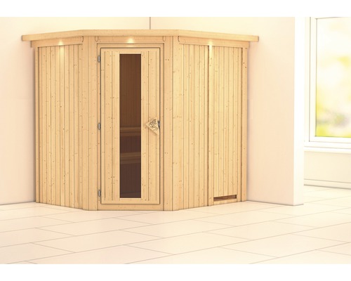 Sauna modulaire Karibu Petalit sans poêle, avec couronne et porte bois avec verre isolé thermiquement