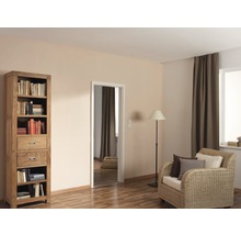 Salon avec bibliothèque, fauteuil, lampadaire et porte