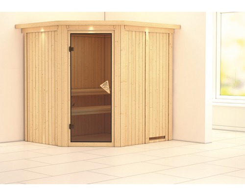 Sauna modulaire Karibu Petalit sans poêle, avec couronne et porte vitrée coloris bronze