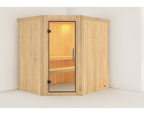 Sauna modulaire Karibu Petalit sans poêle ni couronne, avec porte entièrement vitrée en verre transparent