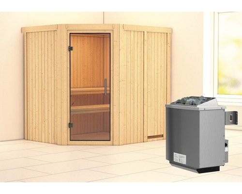 Sauna modulaire Karibu Petalit avec poêle 9 kW et commande intégrée, sans couronne, avec porte entièrement vitrée en verre transparent