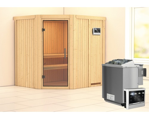 Sauna modulaire Karibu Petalit avec poêle Bio 9 kW et commande externe, sans couronne, avec porte entièrement vitrée en verre transparent