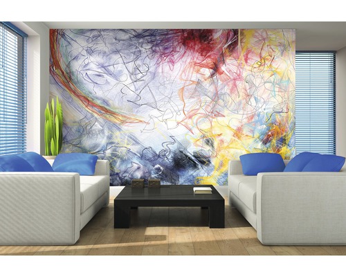 Salon avec papier peint d''art abstrait, canapés et table basse