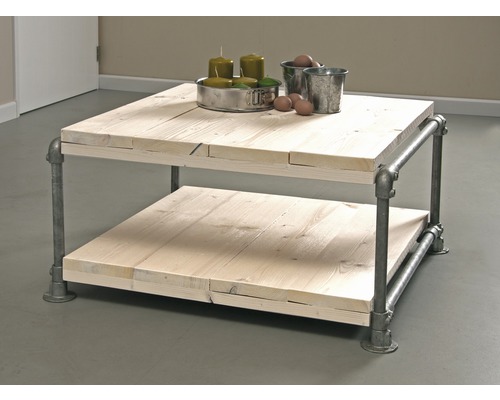 Quadratischer Couchtisch mit zwei Ebenen aus Holz und Metallgestell