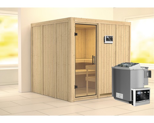 Sauna modulaire Karibu Rodina avec poêle Bio 9 kW et commande externe, sans couronne, avec porte entièrement vitrée en verre transparent