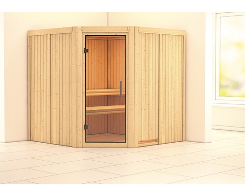 Sauna modulaire Karibu Jarina sans poêle sans couronne avec portes entièrement vitrées transparentes