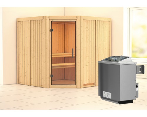 Sauna modulaire Karibu Jarina avec poêle 9 kW et commande intégrée sans couronne avec portes entièrement vitrées transparentes