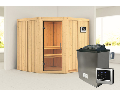 Sauna modulaire Karibu Jarina avec poêle 9 kW et commande externe sans couronne avec portes entièrement vitrées transparentes