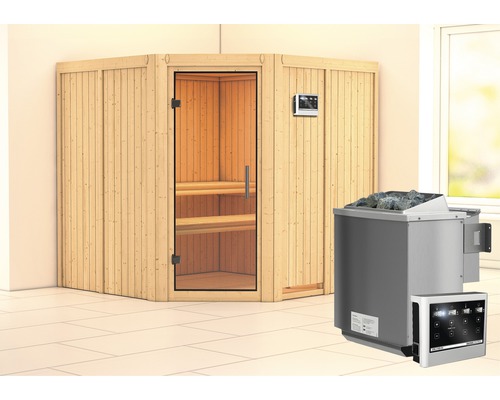 Sauna modulaire Karibu Jarina avec poêle bio 9 kW et commande externe sans couronne avec portes entièrement vitrées transparentes