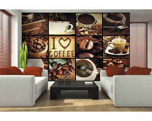 Wohnzimmer mit Fototapete mit Kaffeemotiven