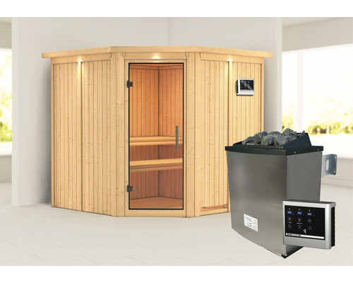 Sauna modulaire Karibu Piemon avec poêle 9 kW et commande externe, avec couronne et porte entièrement vitrée en verre transparent