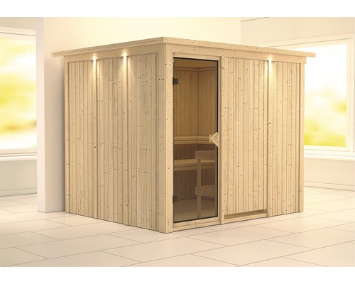 Sauna modulaire Karibu Gobina sans poêle avec couronne et portes vitrées coloris bronze