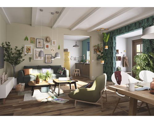 Salon lumineux avec canapé, table basse, plantes d''intérieur et décoration