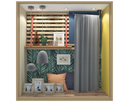 Chambre décorée avec des étagères, des coussins et des rideaux pour une ambiance cosy