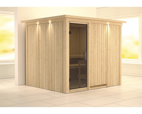 Sauna modulaire Karibu Gobina sans poêle avec couronne et portes entièrement vitrées coloris graphite