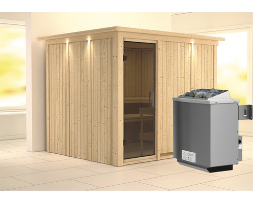 Sauna modulaire Karibu Gobina avec poêle 9 kW et commande intégrée avec couronne et portes entièrement vitrées coloris graphite