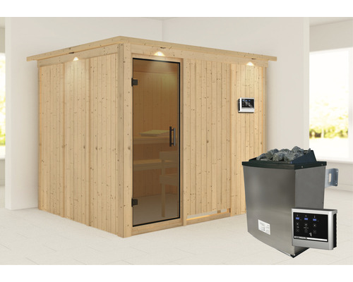 Sauna modulaire Karibu Gobina avec poêle 9 kW et commande externe avec couronne et portes entièrement vitrées coloris graphite