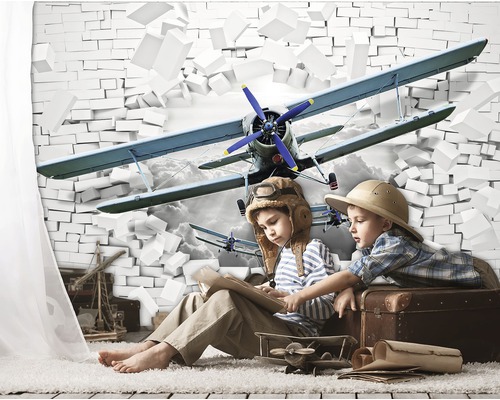 Papier peint photo avec motif d''avion et enfants jouant dans la pièce.