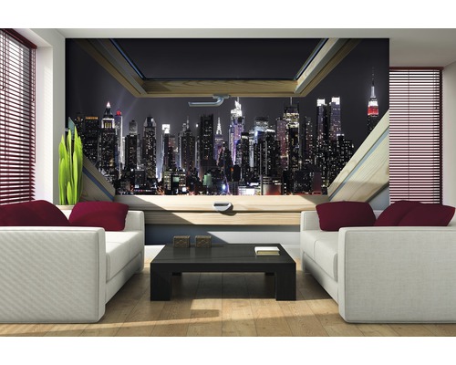 Salon avec papier peint photo Skyline de New York la nuit