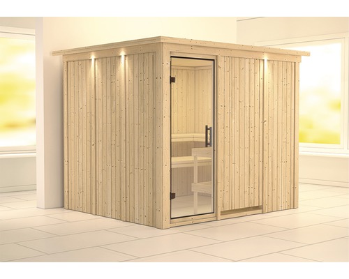 Sauna modulaire Karibu Gobina sans poêle avec couronne et portes entièrement vitrées transparentes